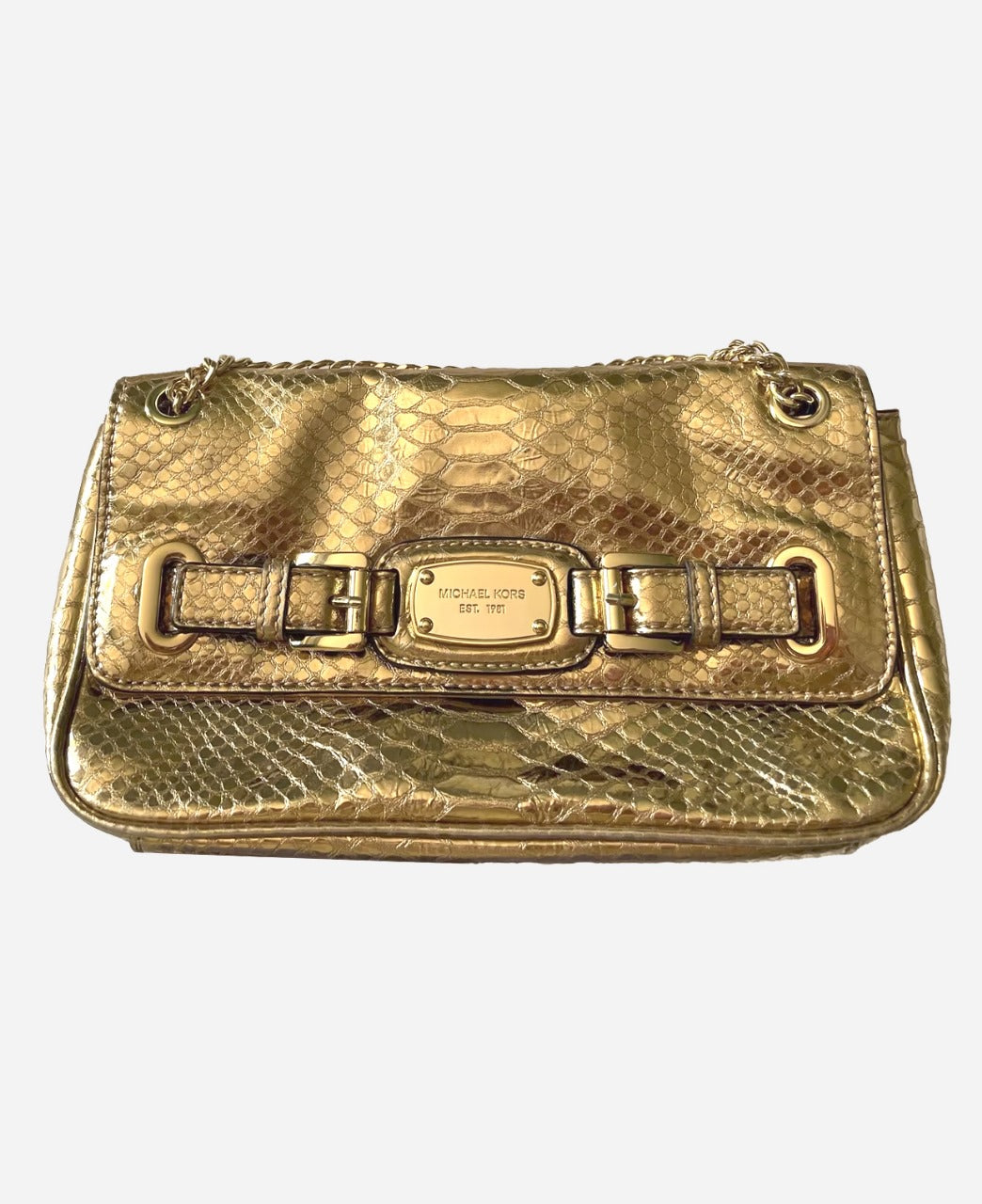 Michael Kors Hamilton Small Shoulder Flap in Pale Gold Embossed Leather
