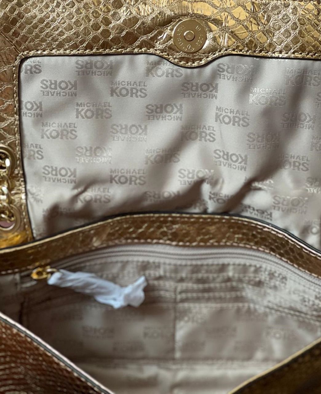 Michael Kors Hamilton Small Shoulder Flap in Pale Gold Embossed Leather