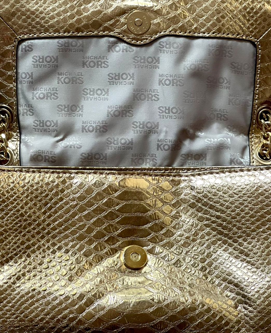 Michael Kors Hamilton Small Shoulder Flap in Pale Gold Embossed Leather