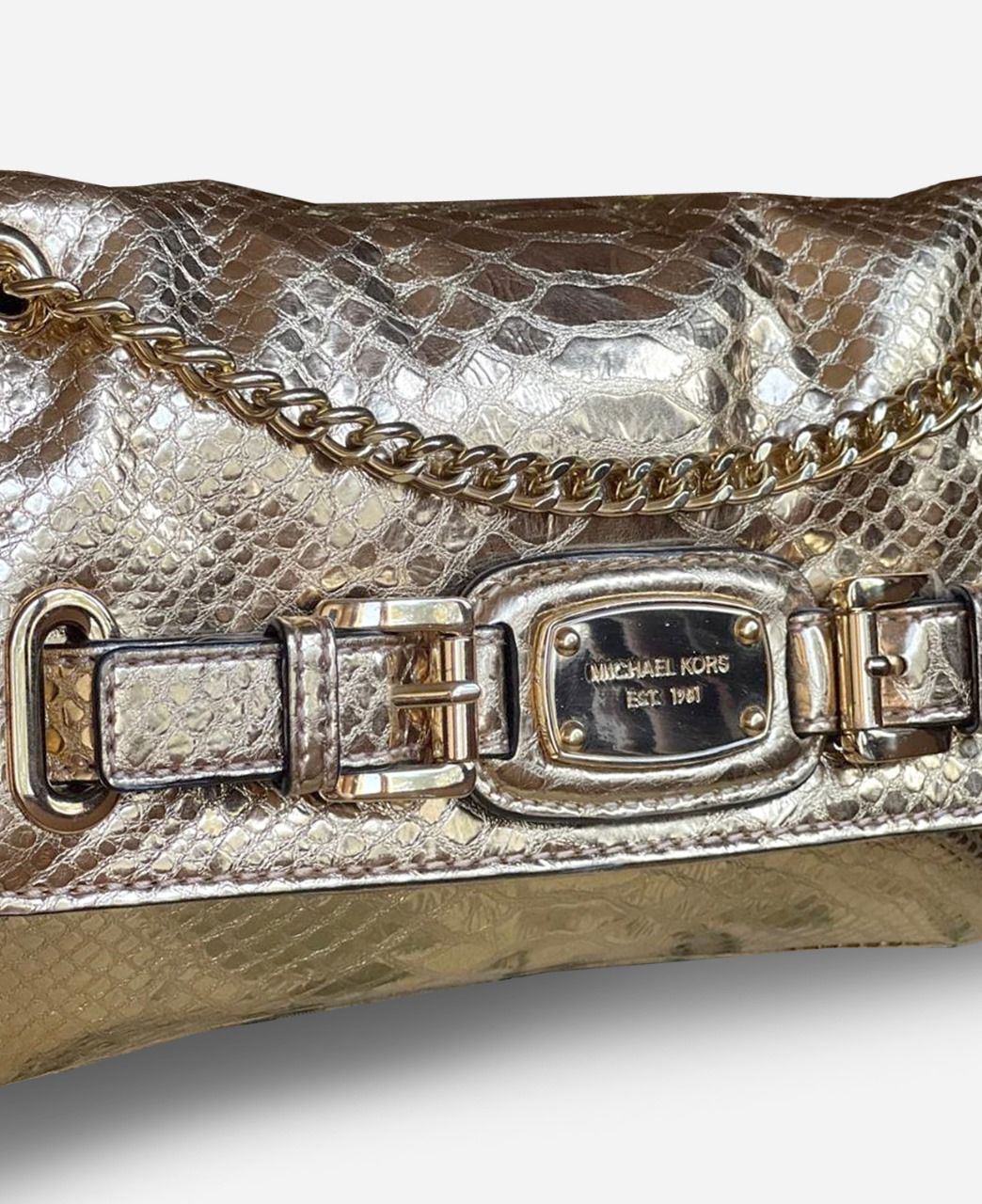 Michael Kors Hamilton Small Shoulder Flap in Pale Gold Embossed Leather